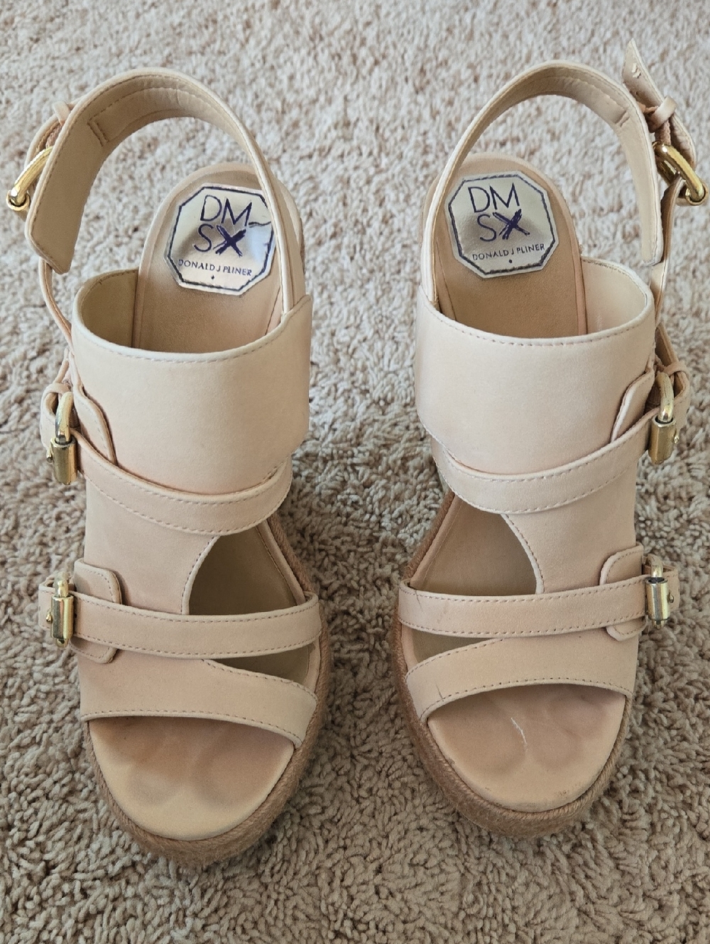 Donald J. Pliner Blush Beige Leather Espadrille Wedge Sandals with Gold Buckles